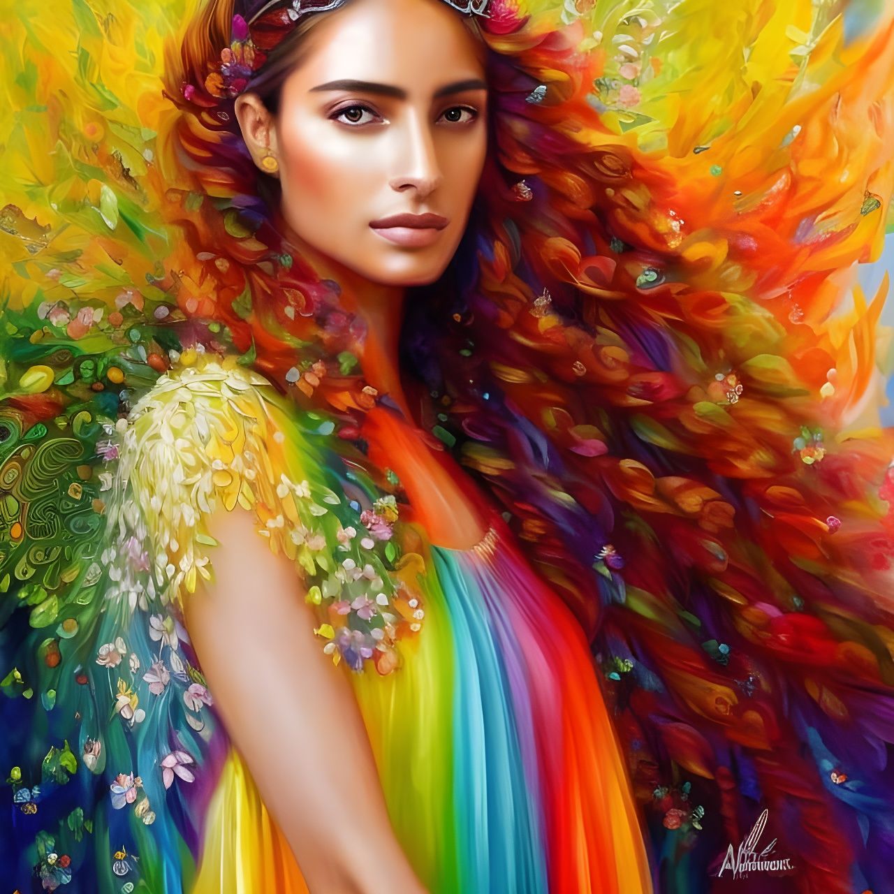 Rainbow Flower Woman Portrait in Photorealistic Style