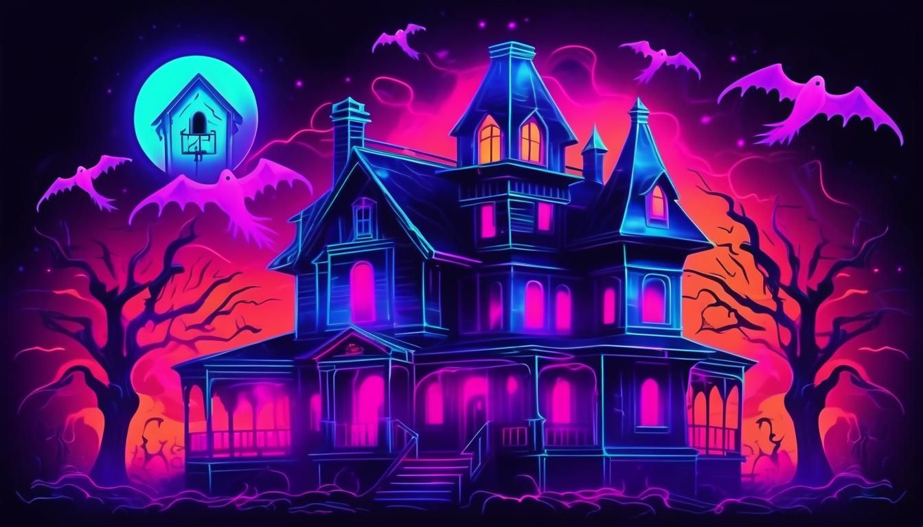 Neon Gothic House with Gaseous Horror Ghosts