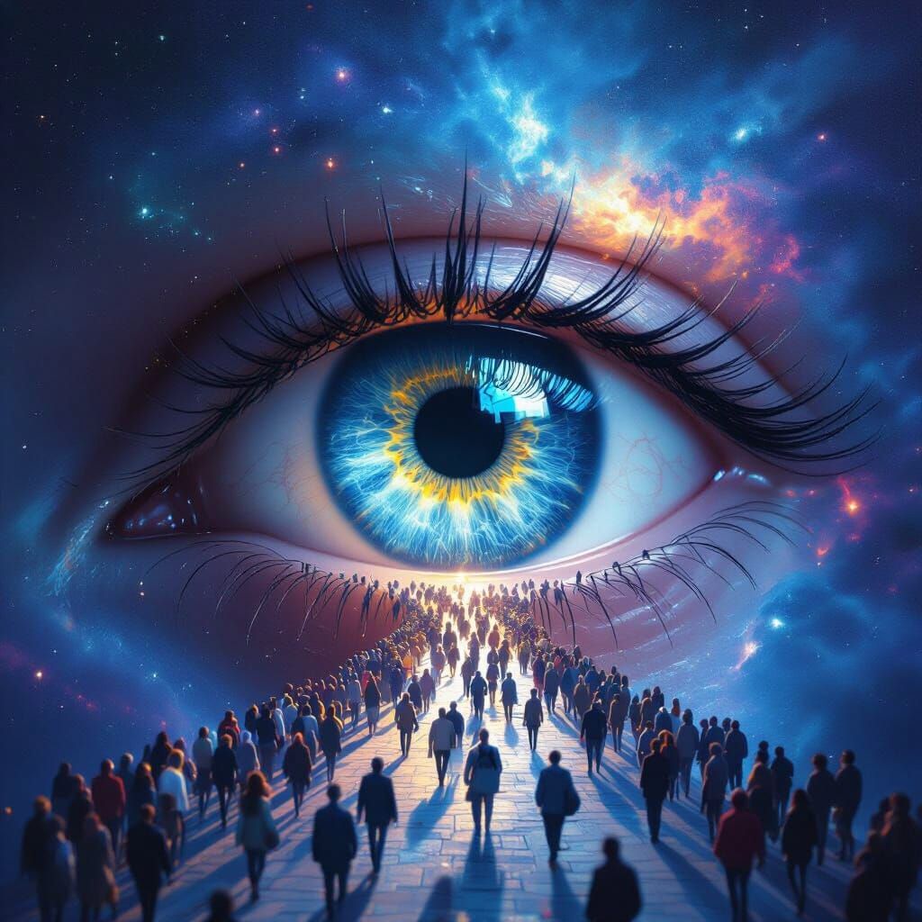 Hyperrealistic Eye Reflecting Cosmic Crowd in Nebula