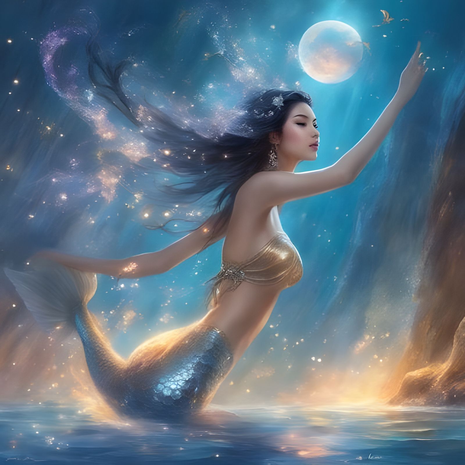Beautiful Euro-Asian Mermaid in Sparkling Underwater World