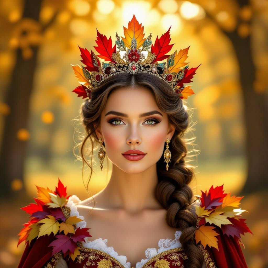 Regal Queen Wearing Autumn Leaf Crown in Forest