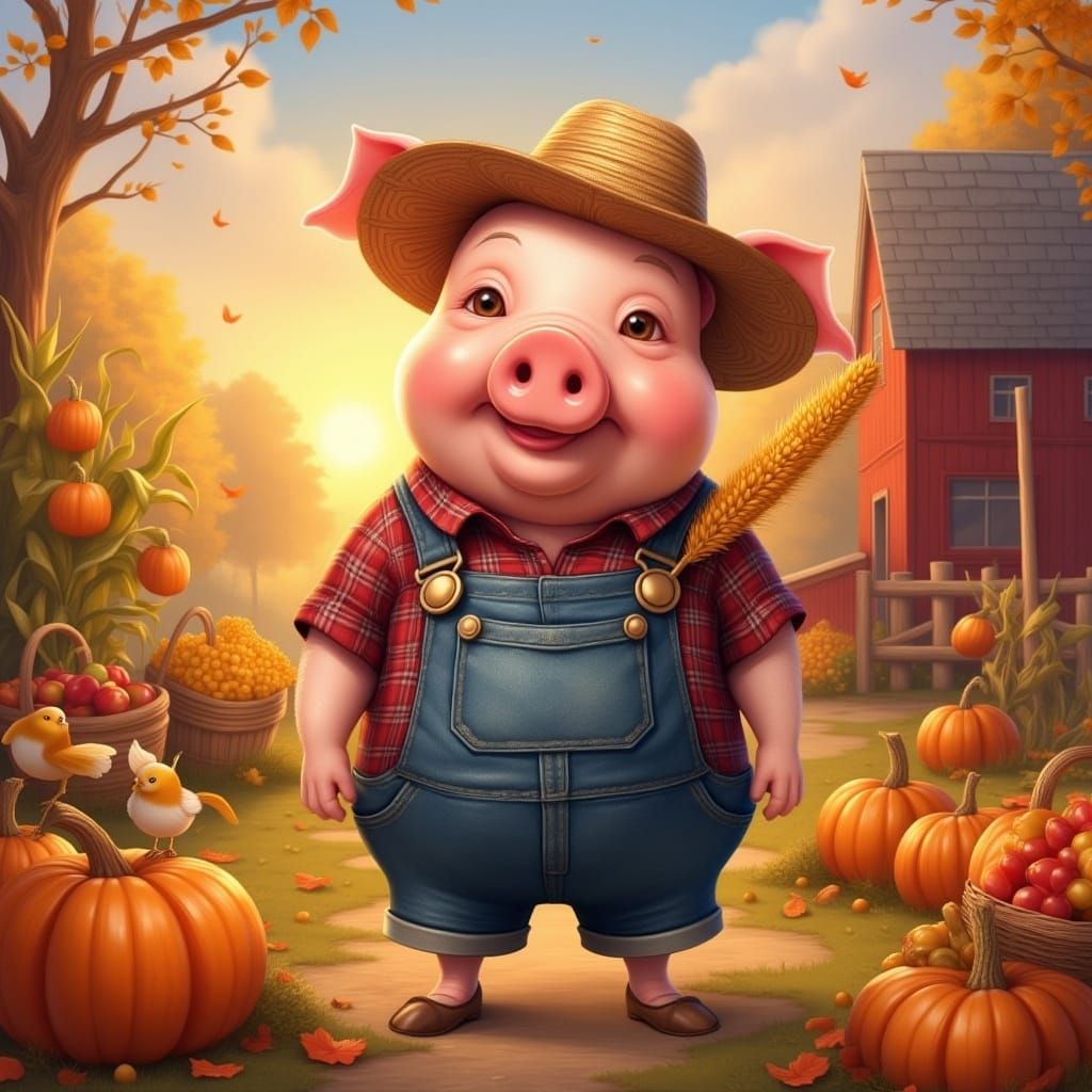 Farmer Pig in Autumn Landscape Illustration