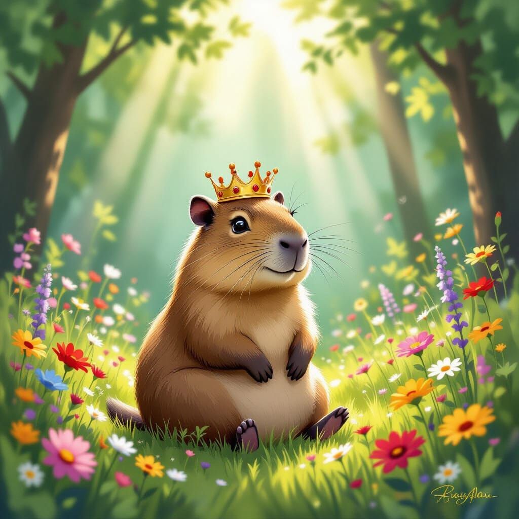 Whimsical Capybara in Sun-Dappled Forest Clearing