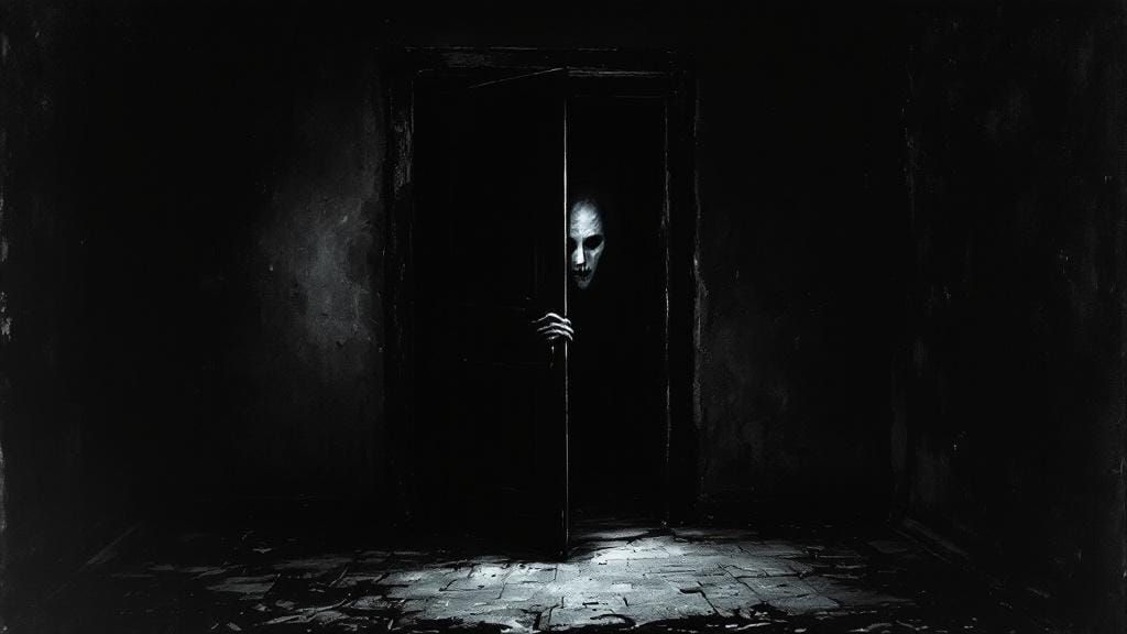 Creepy Doorway with Ghostly Face in Dark Room