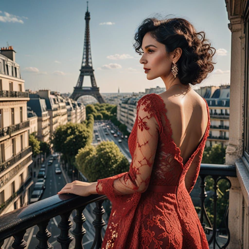Woman in Red Dress on Balcony Overlooking Paris