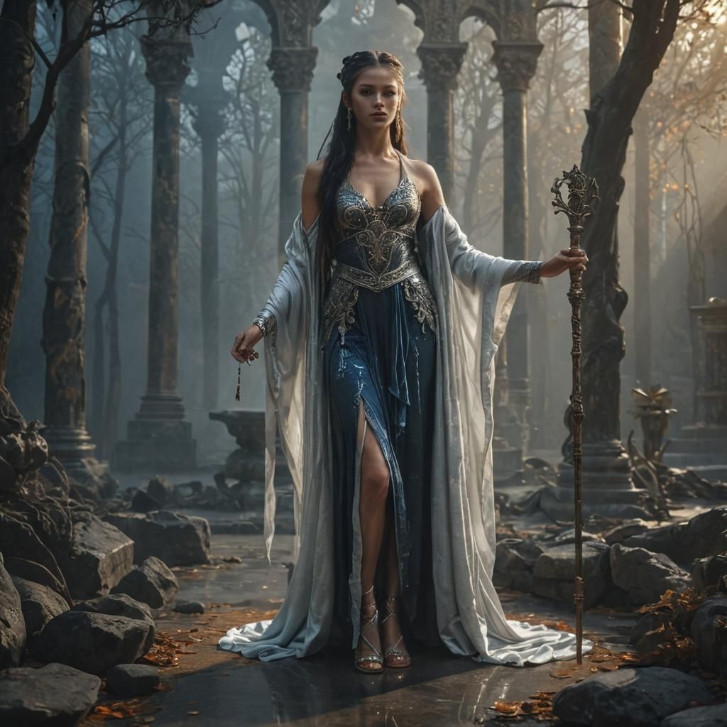 Greek Goddess in Ornate Temple with Staff