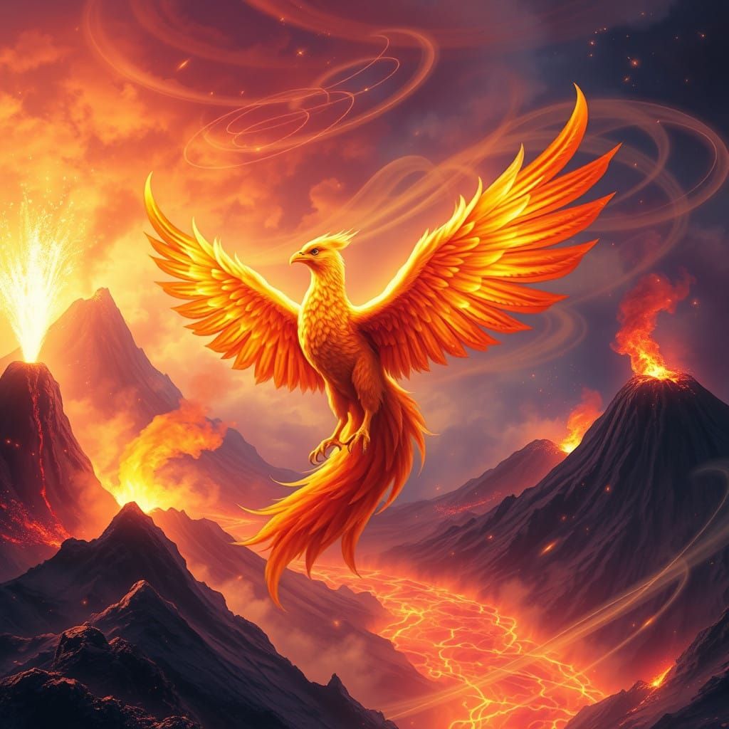 Ethereal Phoenix Rises in Blazing Landscape with Volcanoes a...
