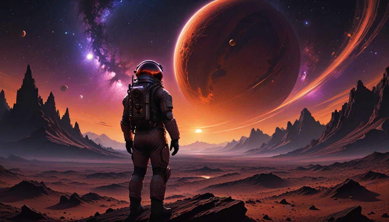 Astronaut on Crimson Planet with Binary Sunset