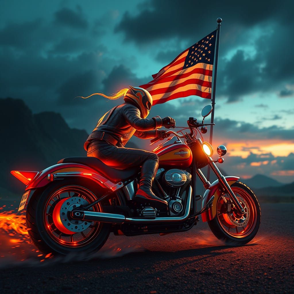 Surreal American Fantasy Motorcycle Riders Under Starry Flag