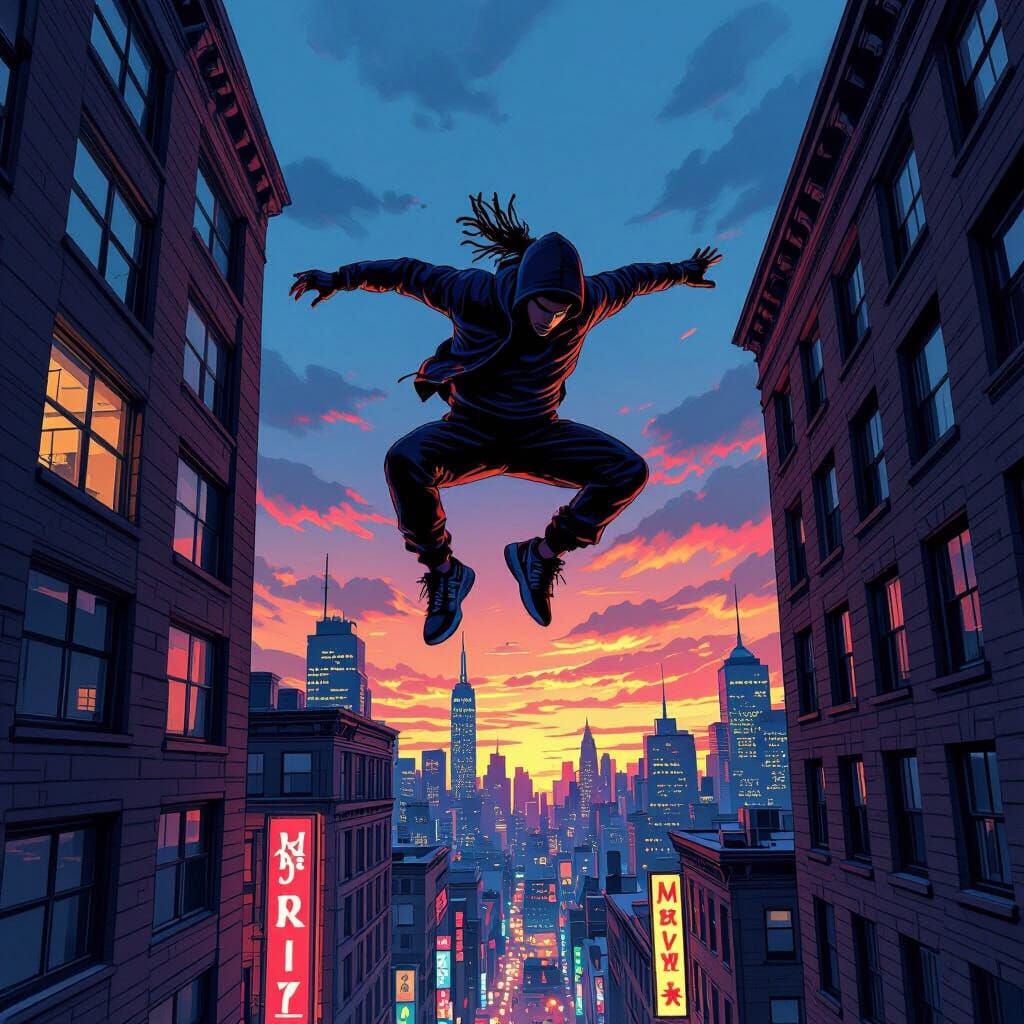 Dynamic Parkour Athlete Leaping Between Buildings in Comic S...