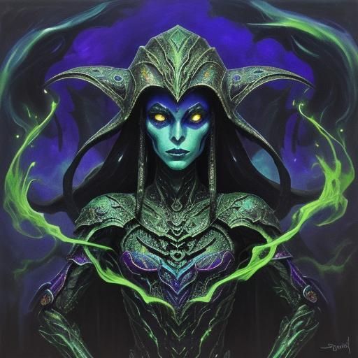 Alien in Tal'darim Armor in Surrealist Oil Painting