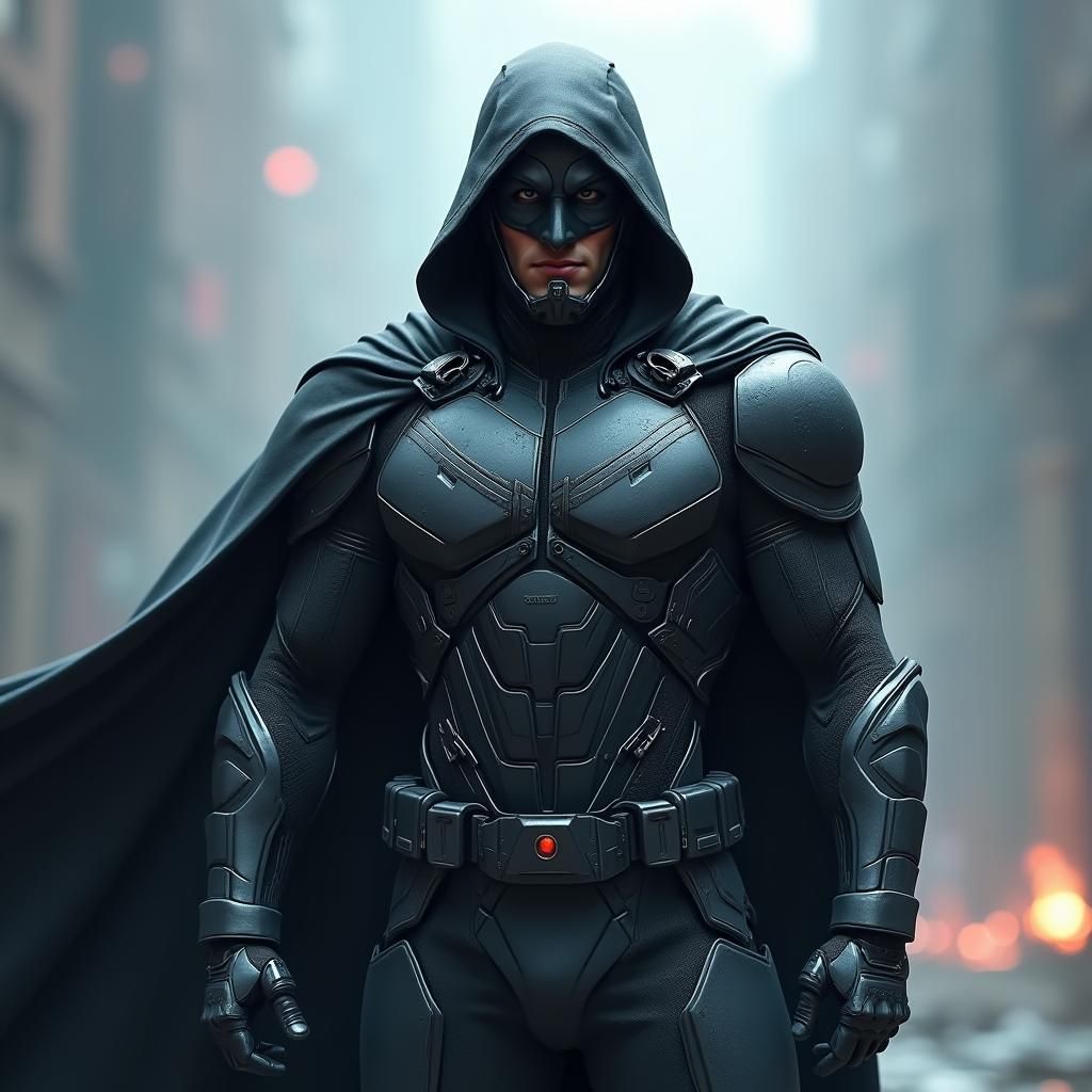Armored Superhero in Dynamic Pose: Digital Concept Art