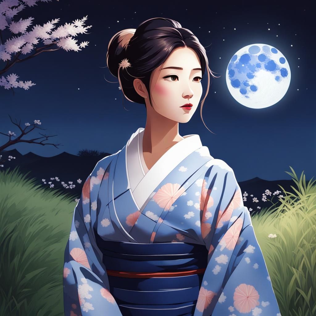 Moonlit Kimono: Fantasy Art of Woman Gazing at Moon