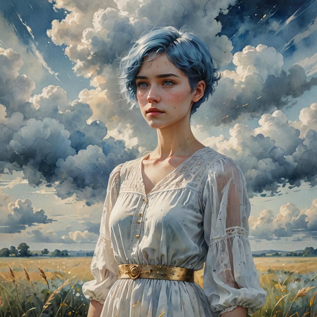 Ethereal Woman with Blue Hair in Watercolor Style