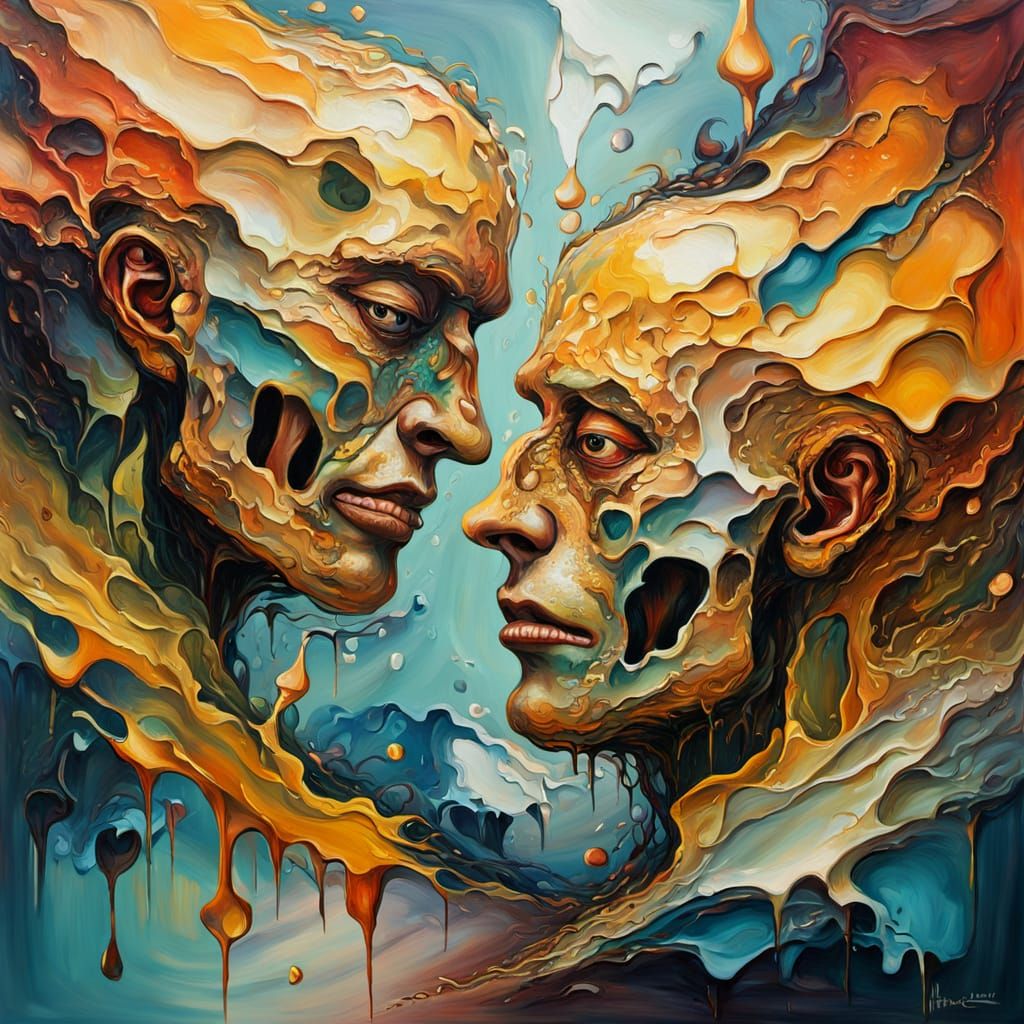 Surreal Disintegrating Faces in Oil on Canvas