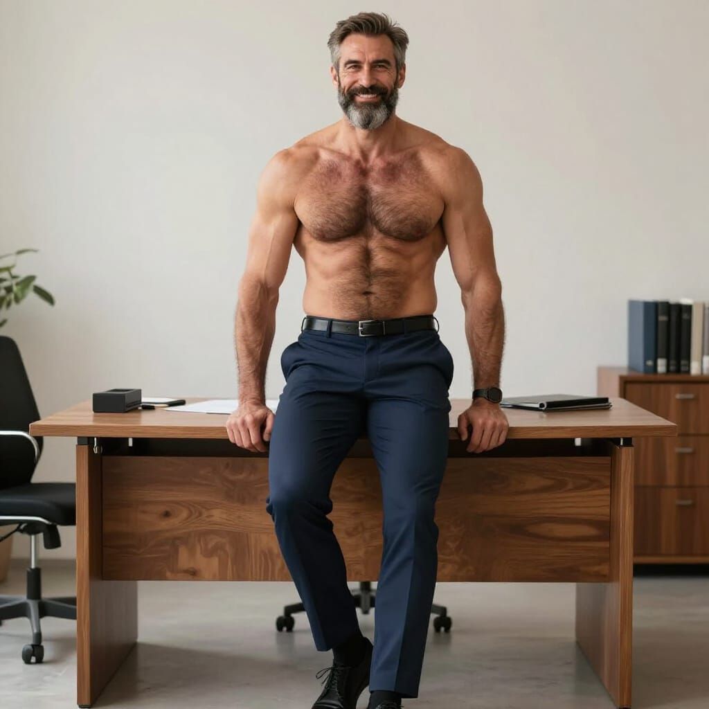 Muscular Bodybuilder in Office, Photorealistic Style