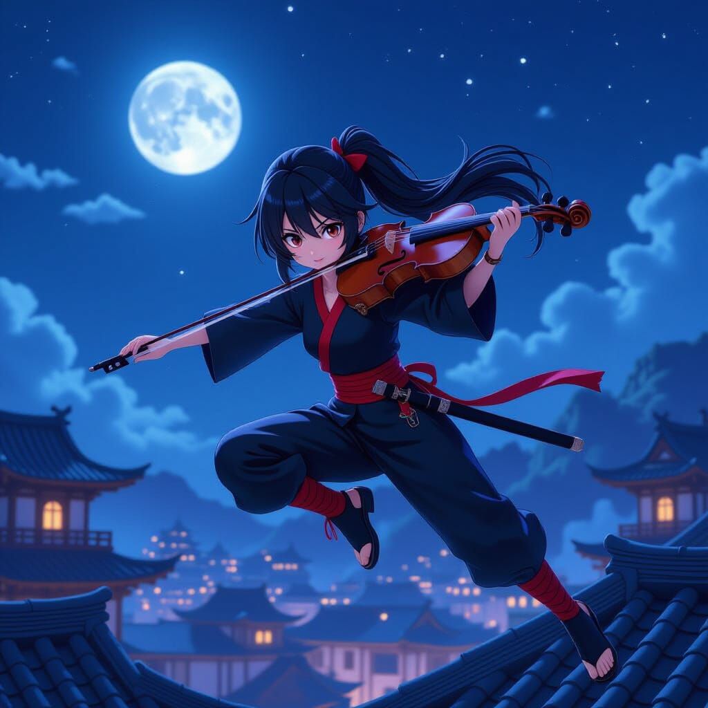 Anime Ninja Girl Leaping Rooftops at Night