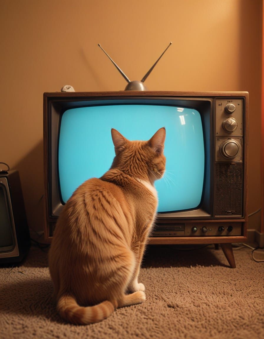 Gen Z Cat Watches Dora on 2006 TV in Psychedelic Style