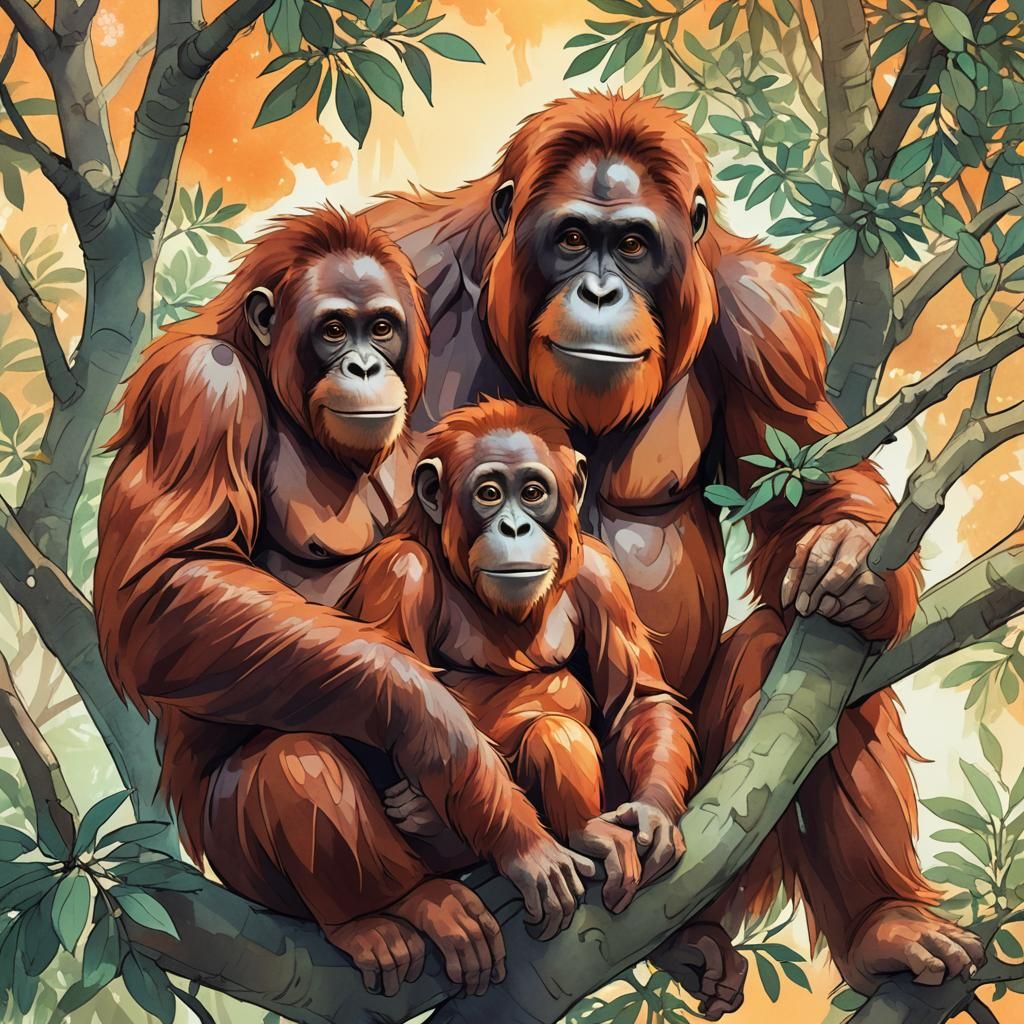 Anime-Style Orangutan with Baby in Tree