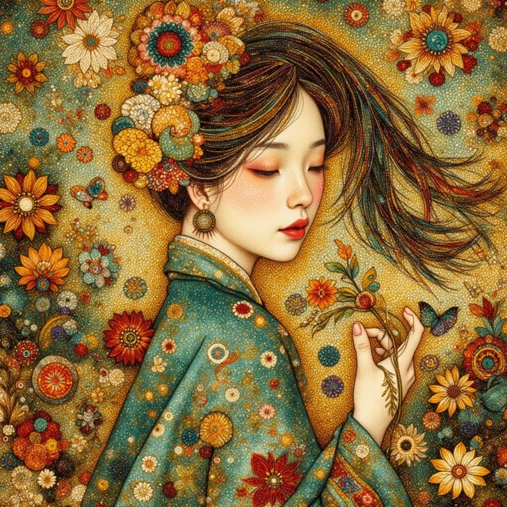 Nature Goddess in Klimt Style with Gold Hues