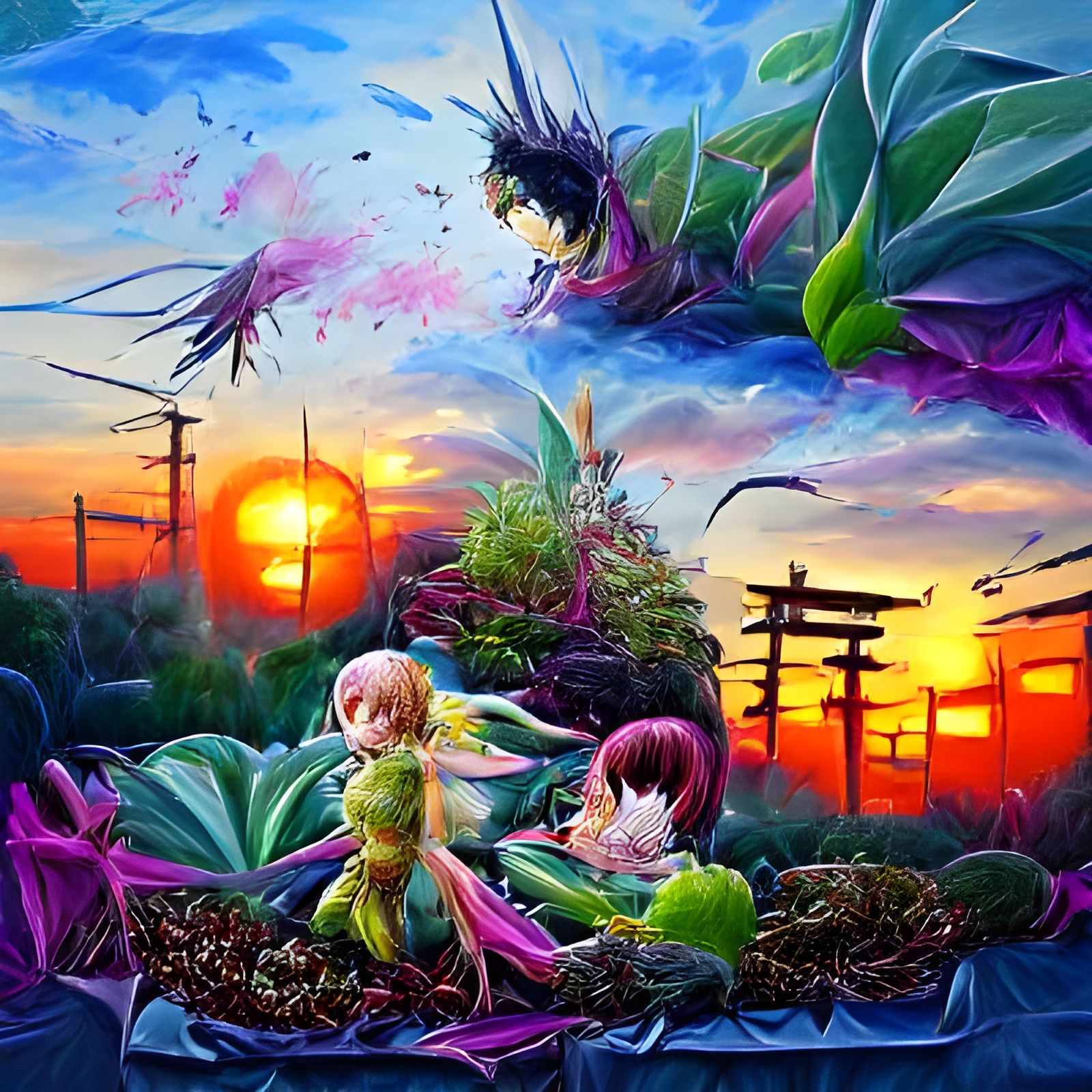 Colorful Anime Fairy Sunset Painting