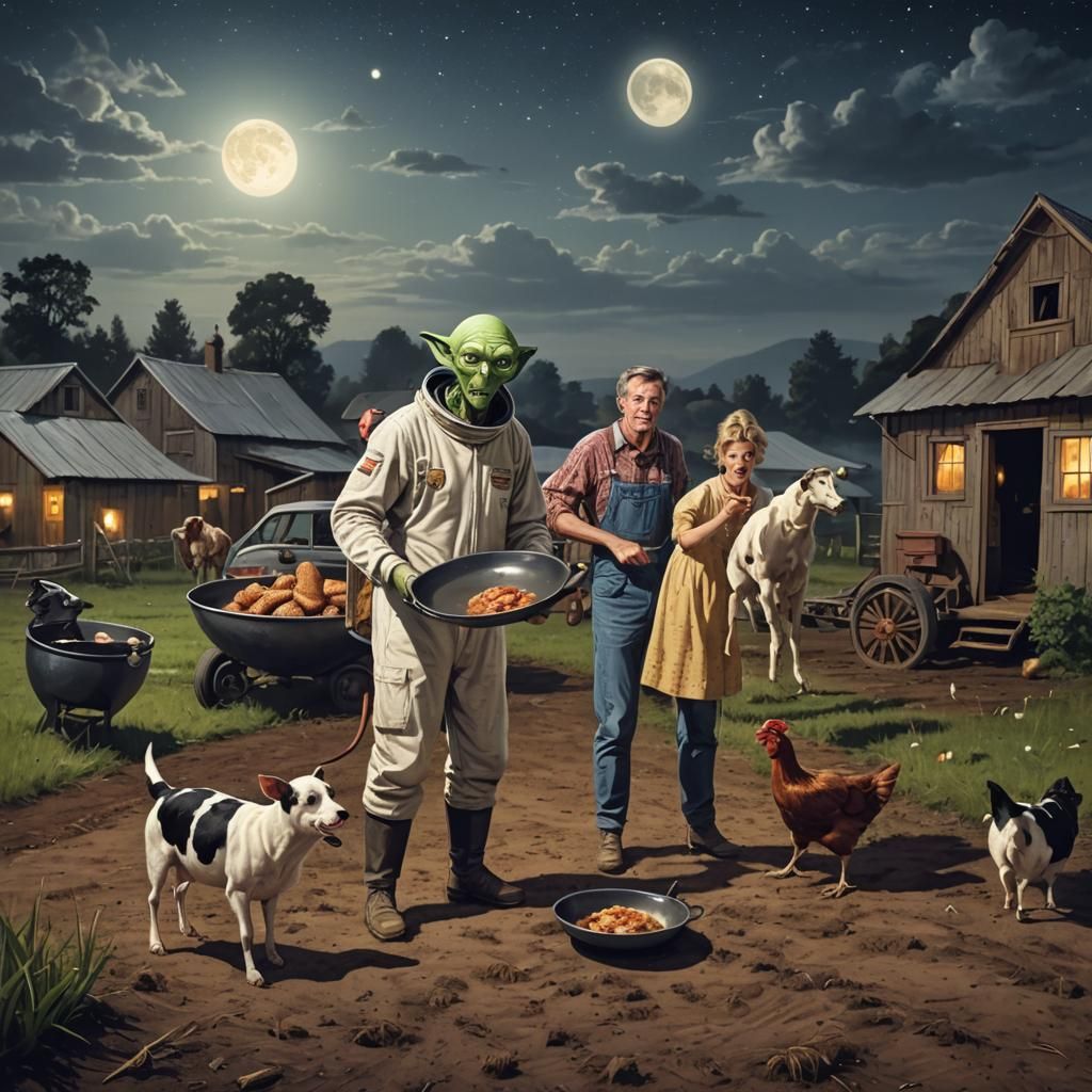 weird alien coming out of his spaceship on the ground  just ...