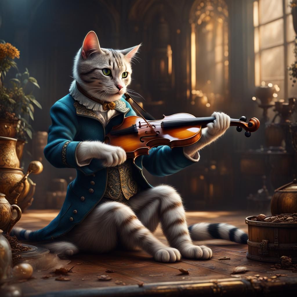 Fantastical Cat Plays Fiddle: Detailed Matte Painting