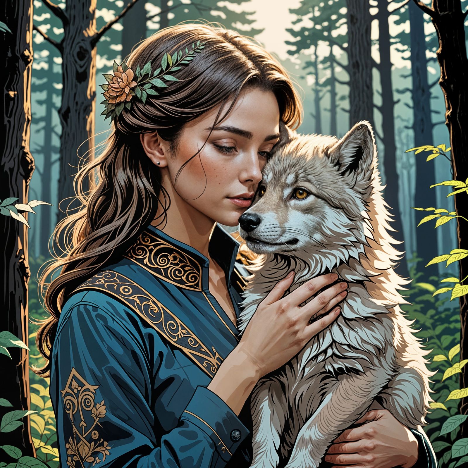 Mystical Wax Crayon Illustration: Lady and Wolf Cub