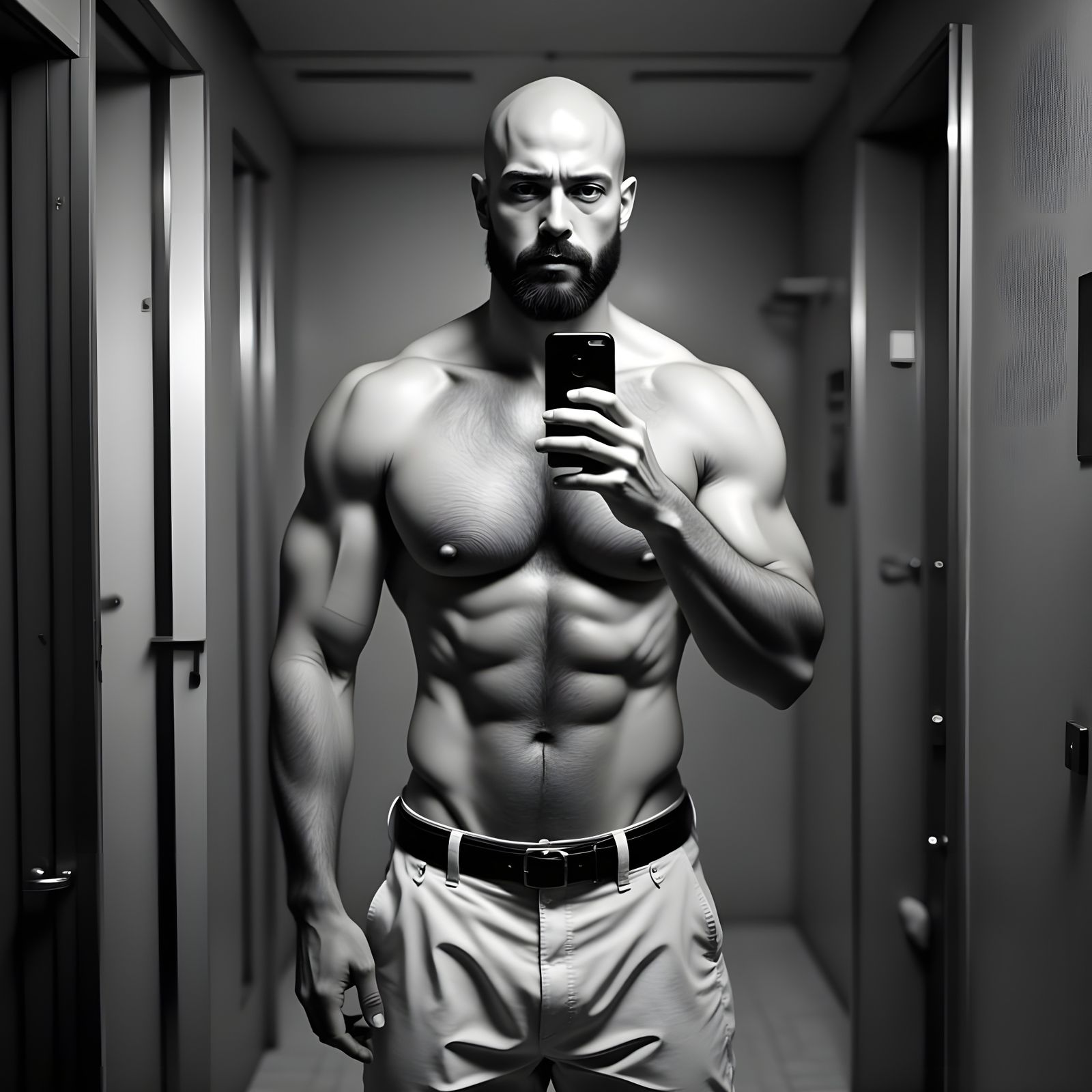 High-Contrast Portrait of Muscular Man Taking Selfie