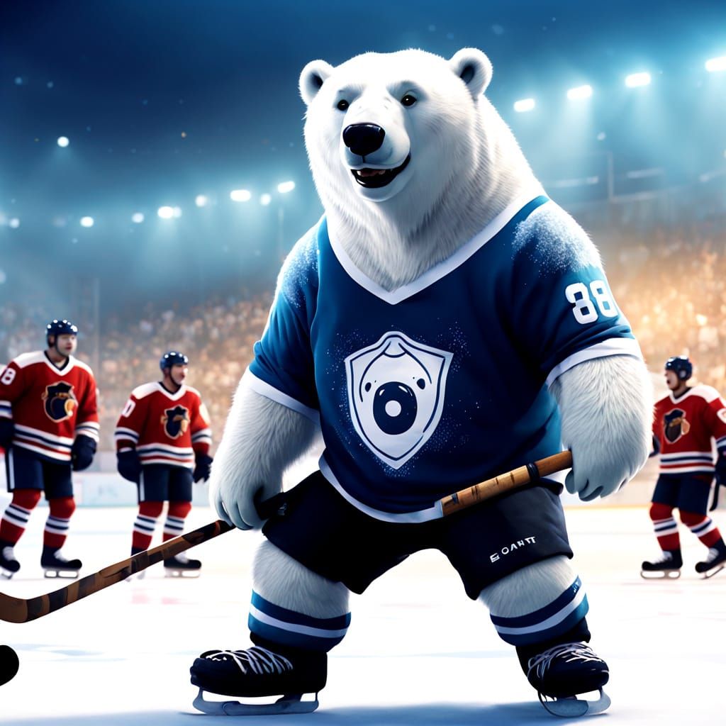 Charming Polar Bear Ice Hockey Player in Whimsical Cartoon S...