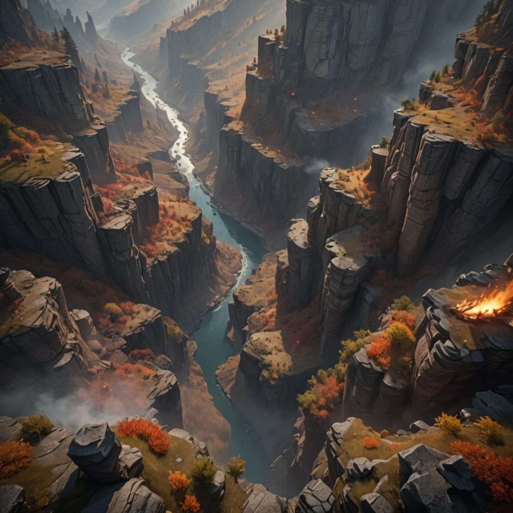 Surreal Valley Landscape with Torch-lit Fog