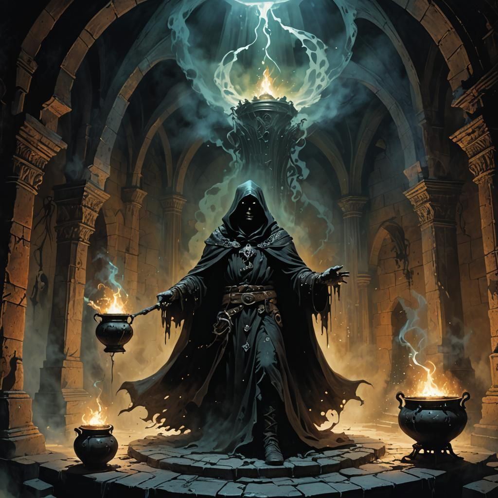 Mysterious Dark Sorcerer Confronts Shadows in a Gothic Chamb...