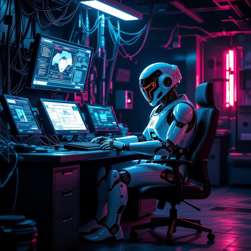 Cyberpunk Robot in Neon-Lit Futuristic Command Center