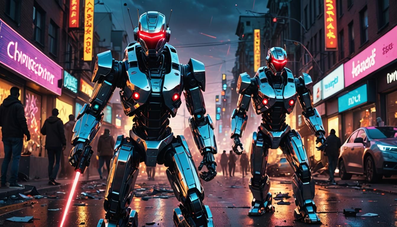 Futuristic Robots Destroying City in Hyperrealism