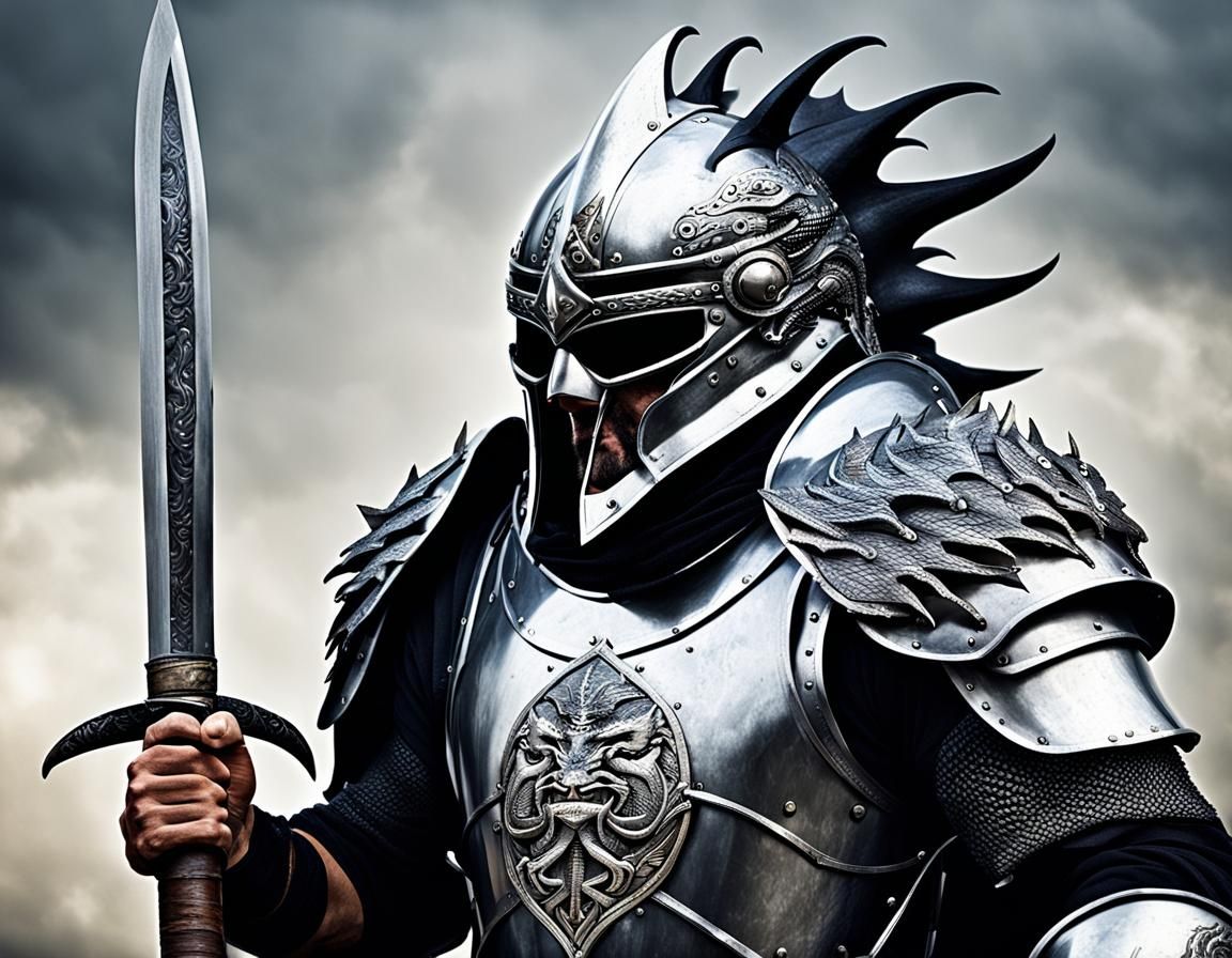 Medieval Warrior with Dragon Helmet and Scimitar