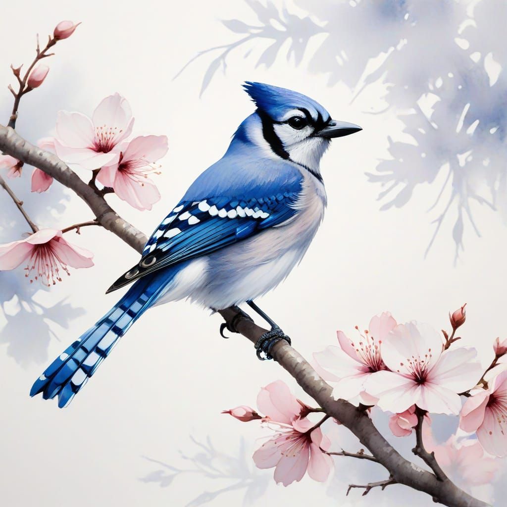 Ethereal Blue Jay Silhouette on Blossom