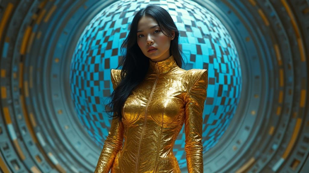 Checkered Sphere Model in Gold Shimmering Fashion Ad