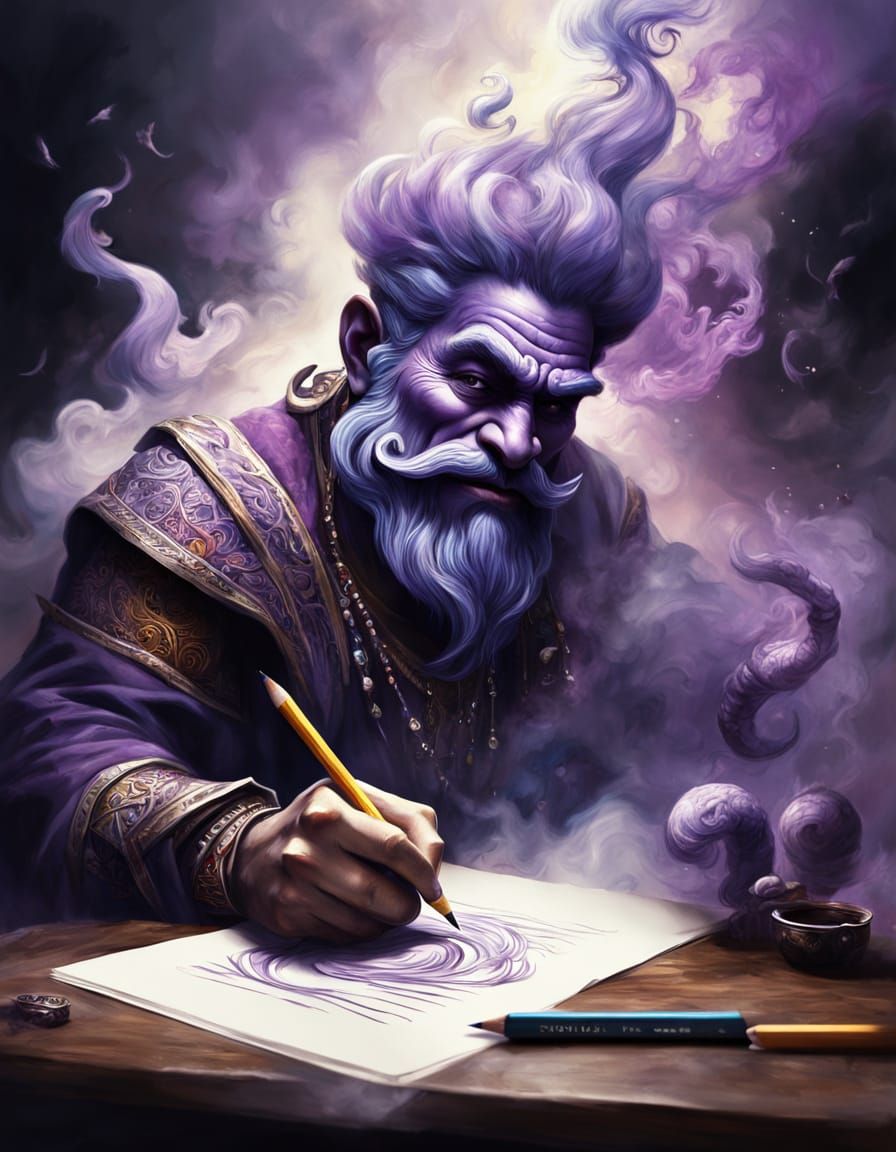 Genie Emerging from Smoke as Artist Writes 'Ananasakäämä'