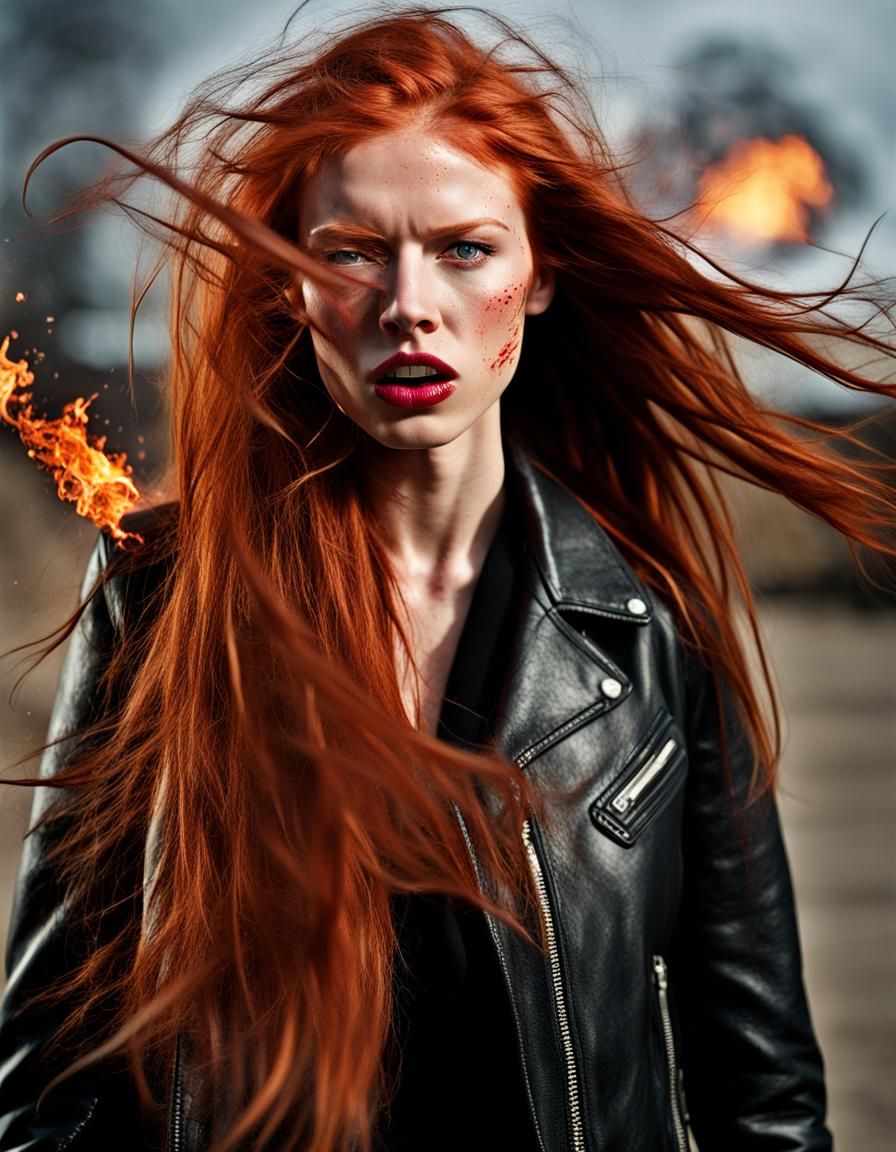 Angry Young Woman with Red Hair and Explosion