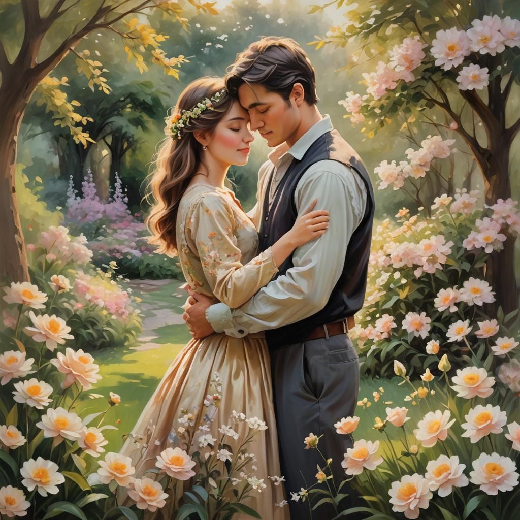 Idyllic Oil Painting of a Romantic Garden Scene