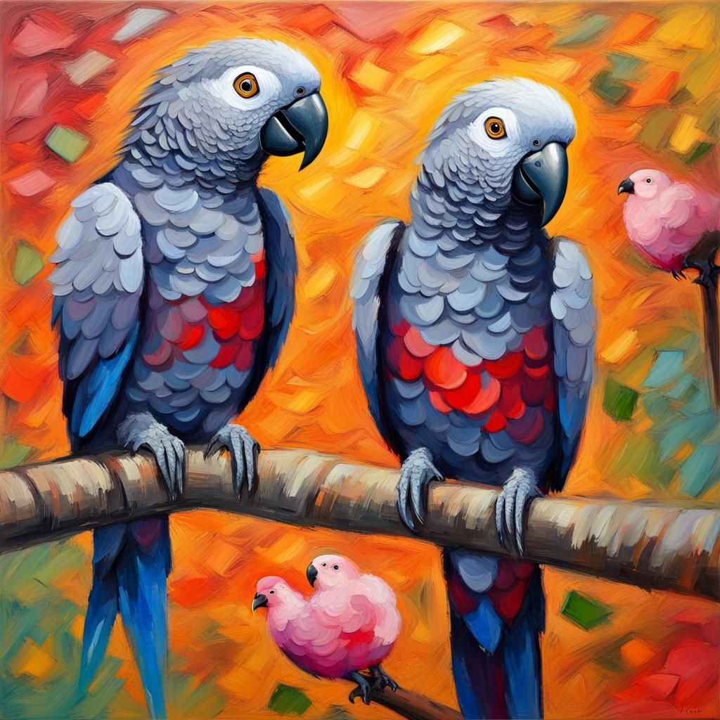 African Gray Parrots And Little Lovebirds