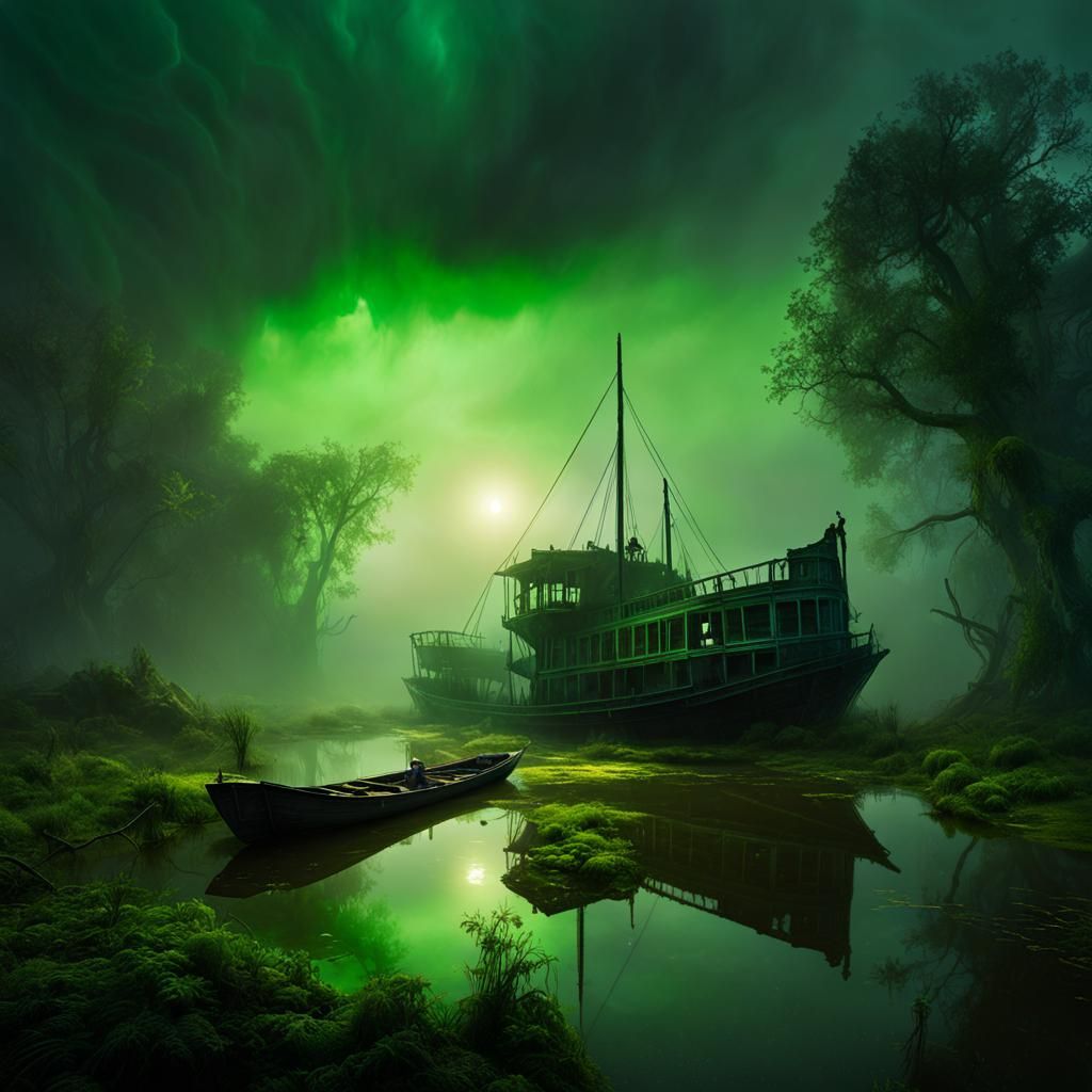 Eerie Wrecked River Boat in Fog, Digital Illustration