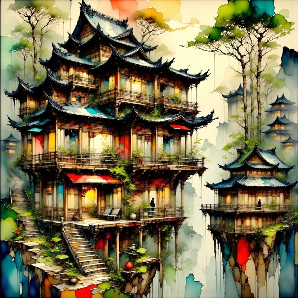 Lush Rainforest City with Chinese-Inspired Skyscraper