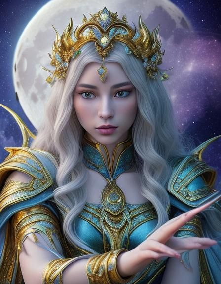 Goddess Plays Chess with Moon Dragon in Digital Art