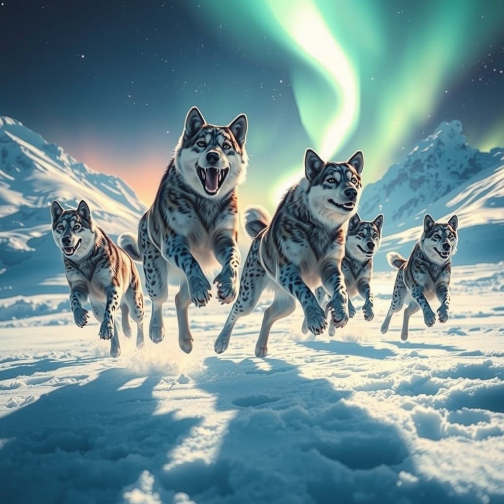 Husky-Leopard Hybrids Play in Antarctic Snow