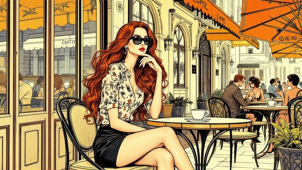 Elegant Woman at Café in Art Nouveau Style