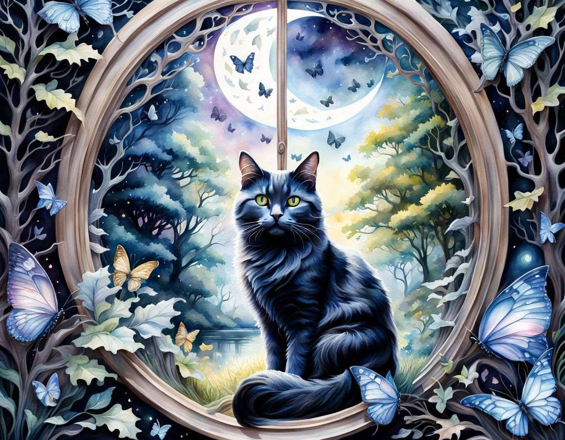 Surreal Watercolor: Silver Moon, Cat, and Butterflies