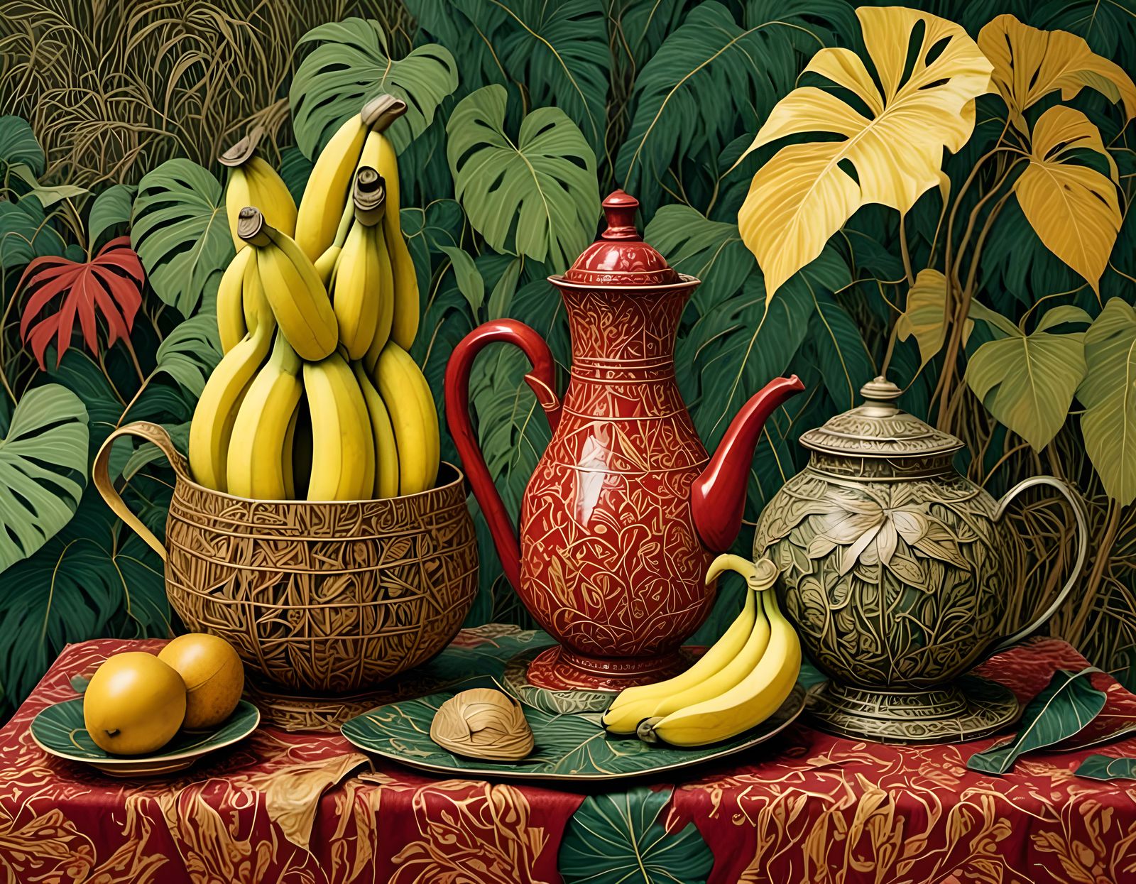Ornate Batik Still Life with Tropical Fruit