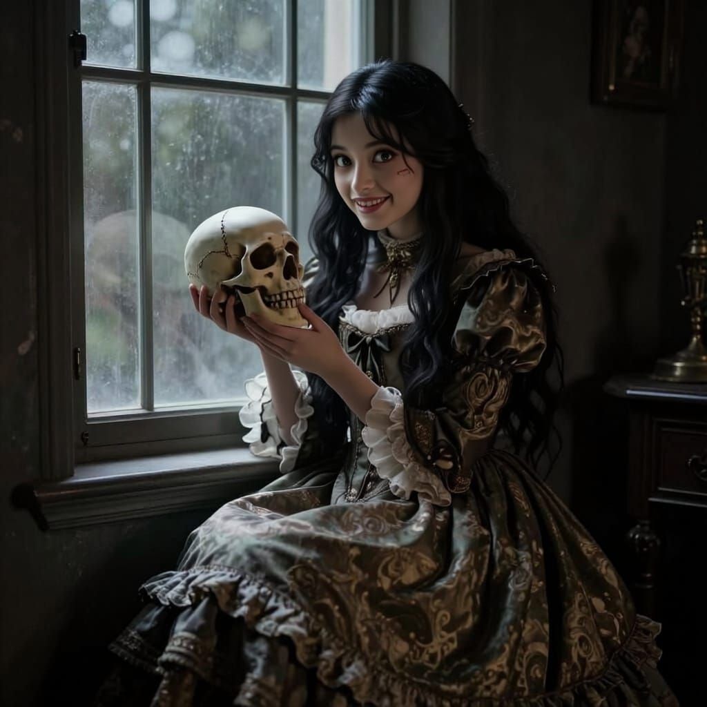 Victorian Girl with Skull Pondering Mischief