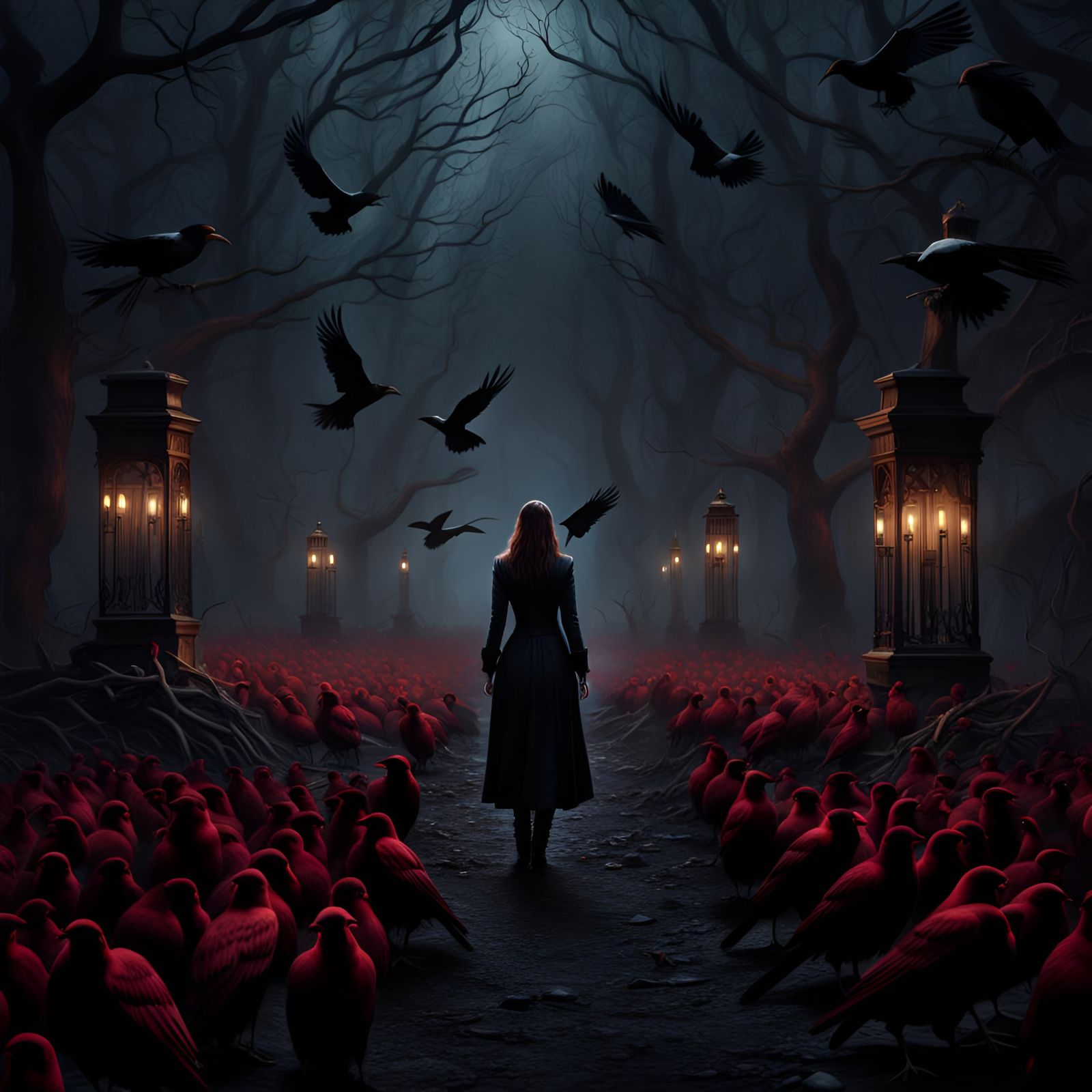 Eerie Dark Fantasy Woman with Crows and Skulls